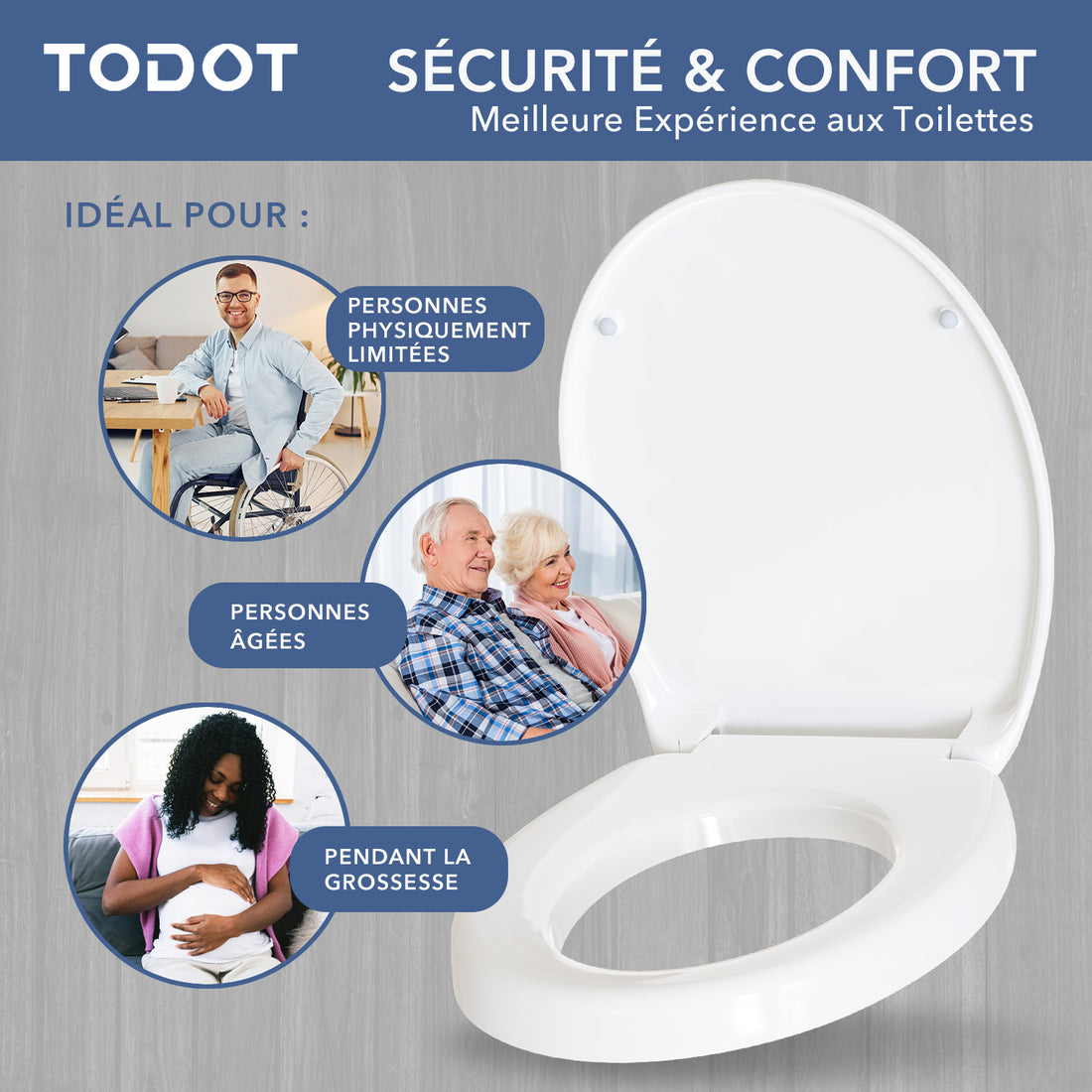 TODOT Abattant WC surélevé 5cm pour Personnes Âgées/Handicapées, Rehausseur WC Siège Toilette en Duroplast, Frein de Chute Silencieux, Charnières Inox Ajustables (250 kg, Universel) (Forme O)