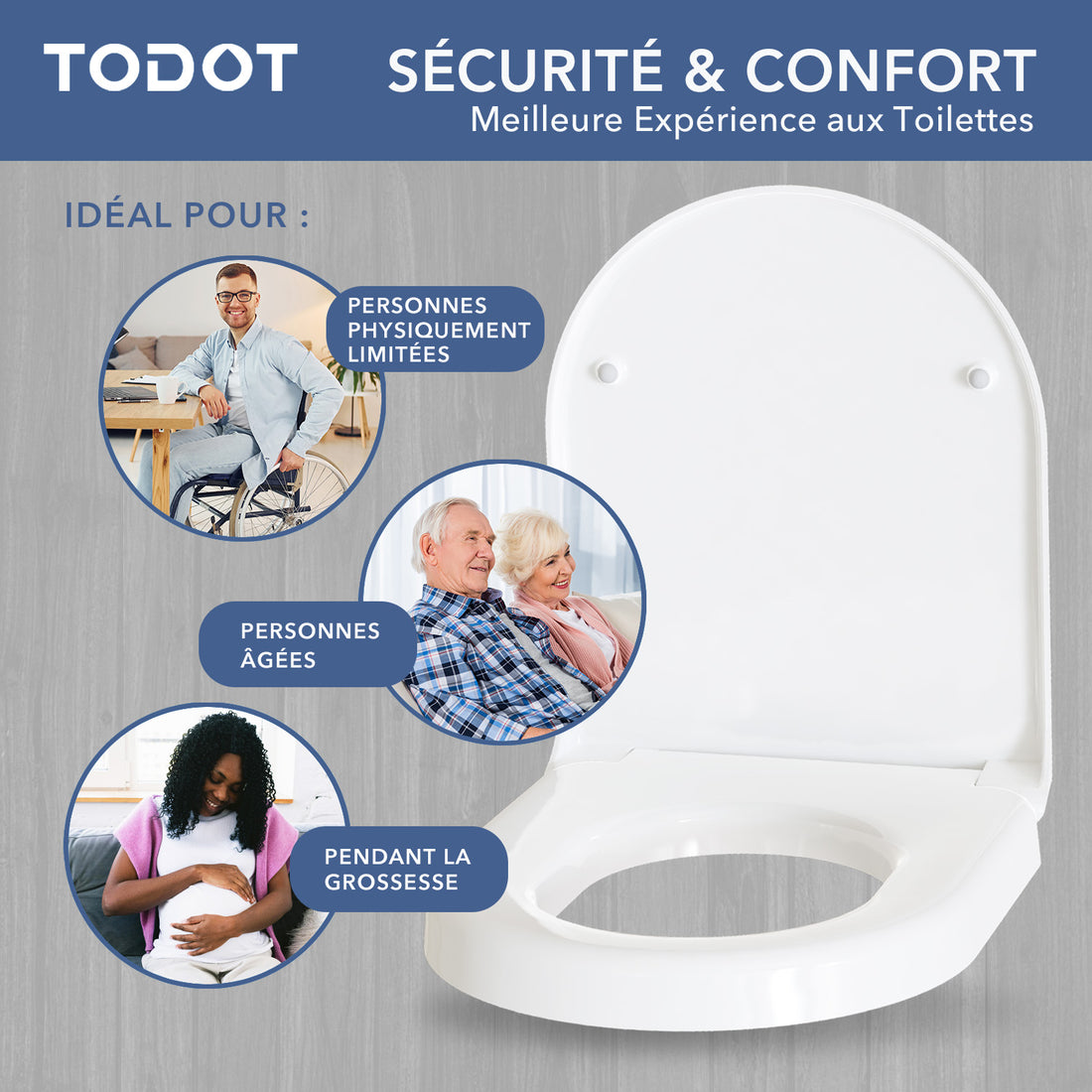 TODOT Abattant WC surélevé 5cm pour Personnes Âgées/Handicapées, Rehausseur WC Siège Toilette en Duroplast, Frein de Chute Silencieux, Charnières Inox Ajustables (250 kg, Universel) (Forme D)