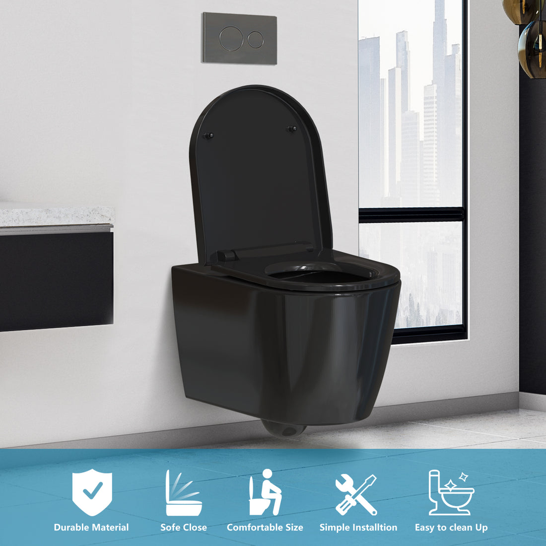 TODOT Universal Toilet Seat Detachable Black D Shape 45 x 37 x 2.51cm in Polypropylene with Soft Close Adjustable Hinge Easy Installation