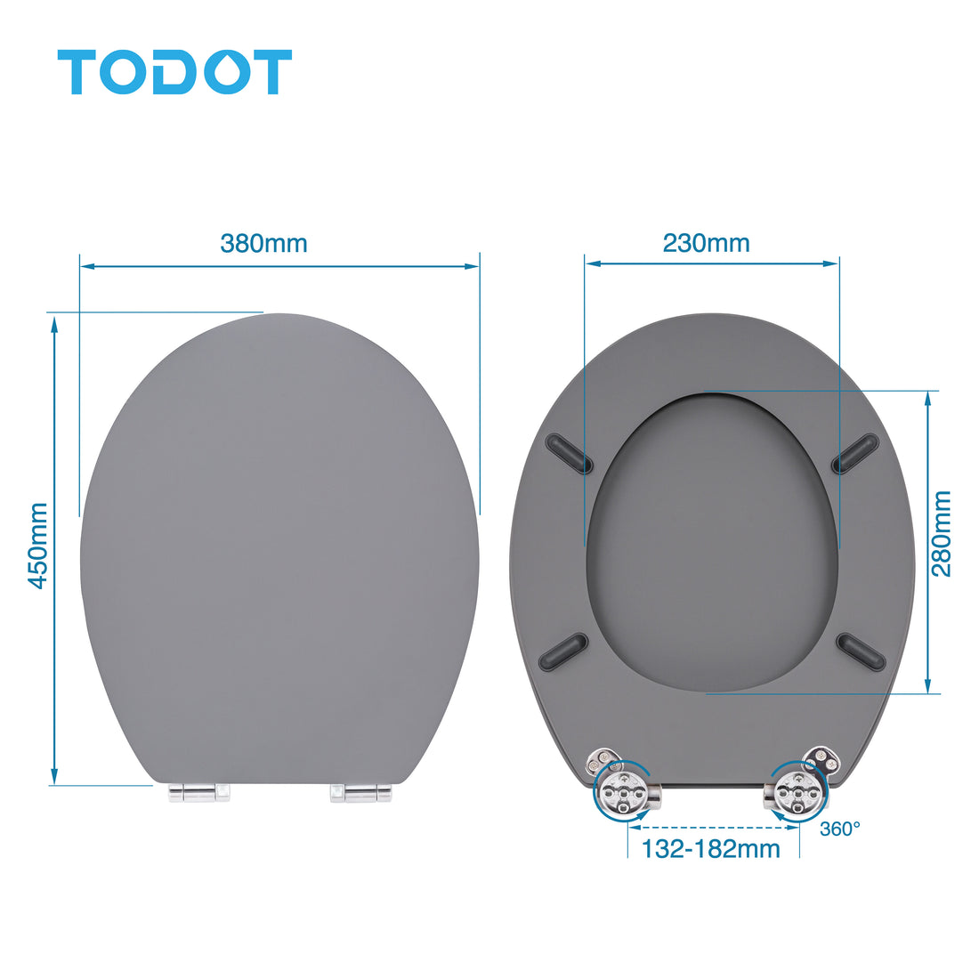 TODOT Abattant WC avec Frein de Chute Silencieux, Lunette de Toilette en Bois MDF, Revêtement Caoutchouc Doux au Toucher, Charnières Ajustables, Compatible Cuvette O, Capacité jusqu'à 175 kg (Gris)