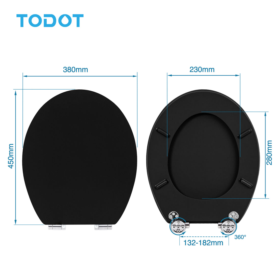 TODOT Abattant WC avec Frein de Chute Silencieux, Lunette de Toilette en Bois MDF, Revêtement Caoutchouc Doux au Toucher, Charnières Ajustables, Compatible Cuvette O, Capacité jusqu'à 175 kg (Noir)