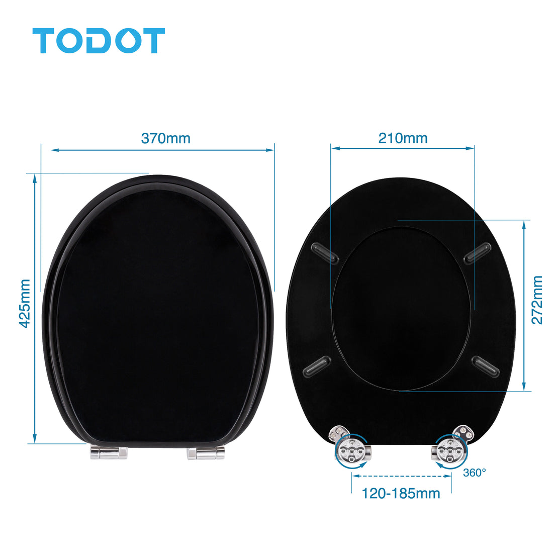 TODOT Abattant WC avec Frein de Chute Silencieux, Lunette de Toilette en Bois MDF, Finition Laquée Effet Miroir, Charnières Inox/Zinc Ajustables, Compatible Cuvette O, Capacité jusqu'à 175 kg (Noir)