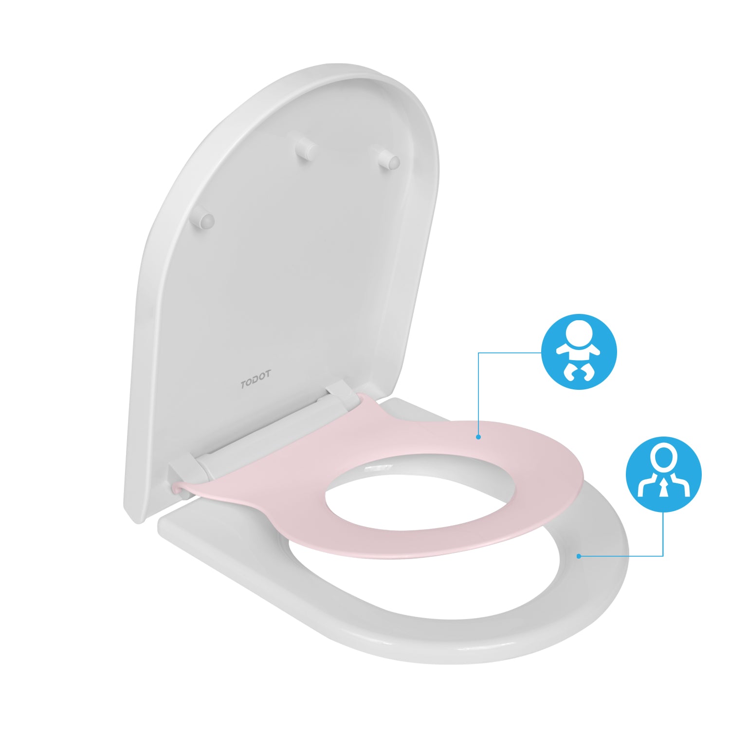 TODOT Family Toilet Seat D Shape with Child Seat Pink Magnetic Soft Close Adjustable Hinge for Adults and Children Quick Disassembly