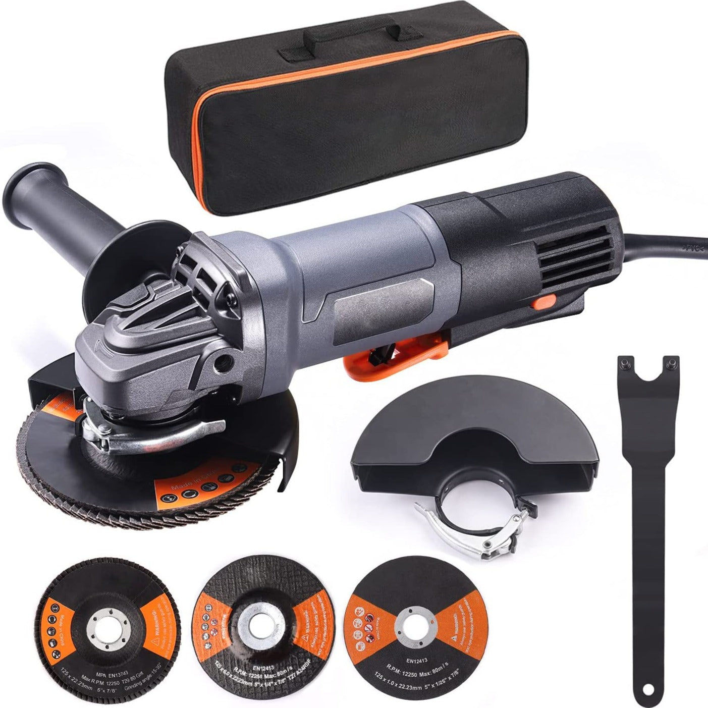 Angle Grinder 1300W, Ø125mm and 12000rpm with Anti-Vibration Side Handle, 3 Grinding/Polishing/Cutting Wheels, 2 Protective Covers, Locking Switch - P3AG125