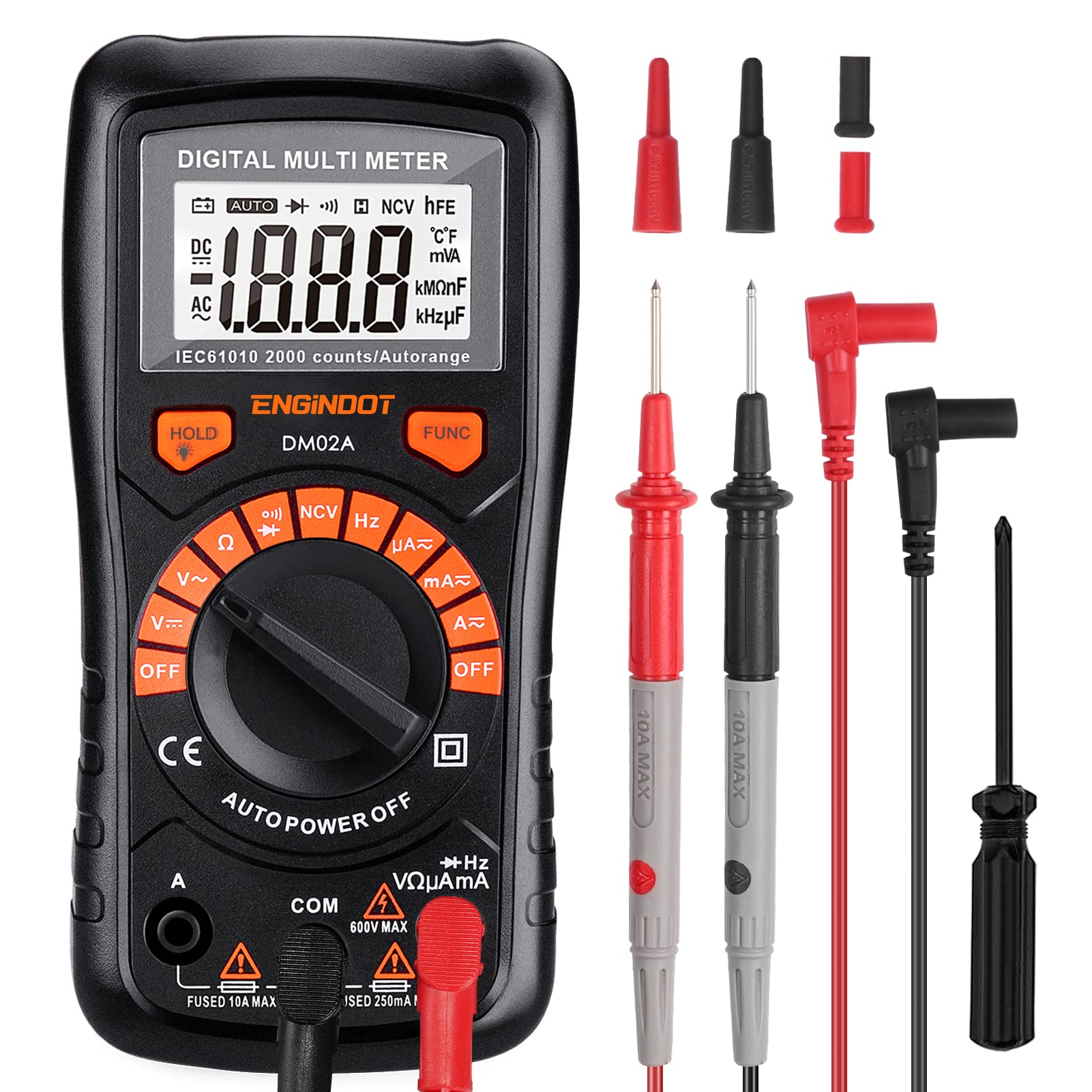 Multimètre Numérique ENGiNDOT Testeur Electrique Professionnel, Écran LCD Rétroéclairé, Test de Tension DC/AC, Résistance, Diode, NCV, Hz, 2000 Comptes - DM02A