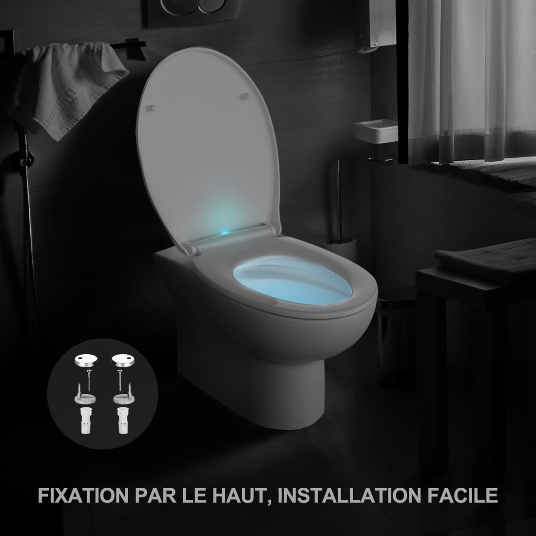 TODOT Toilet Seat with LED Night Light, Illuminated Toilet Bowl with Falling Brake and Adjustable Hinge, White O-Shape Toilet Seat in Polyethylene up to 150 kg - DBTS01E