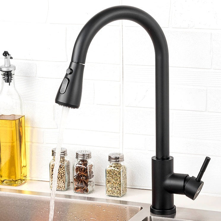 Grooved Black Kitchen Faucet, Brushed Gradient Flow Sprayer, Chrome Head, Faucet with Mixer Tap and Pull-Out Spout with 2 Spray Modes - A1131B