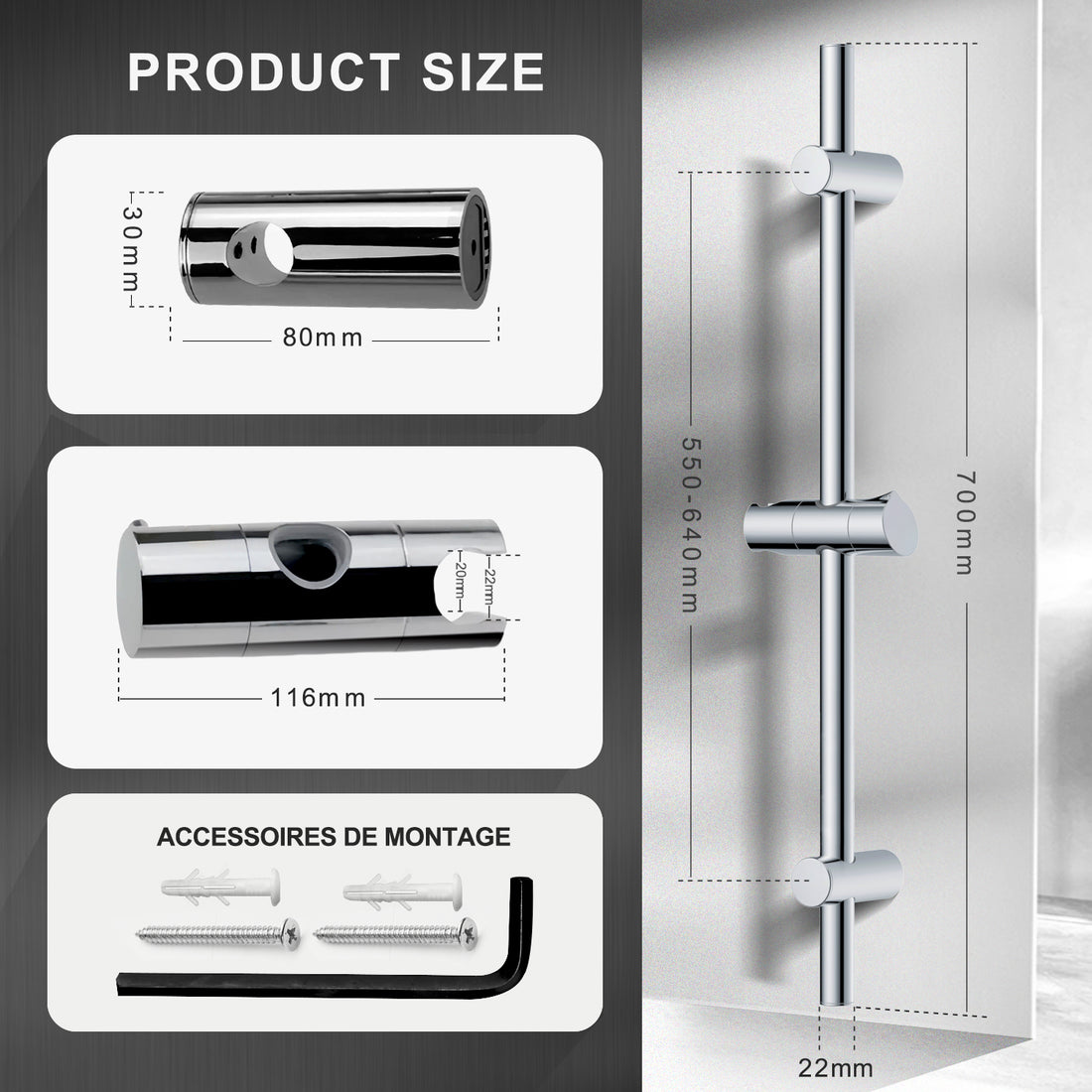 TODOT 70cm Stainless Steel Shower Bar with 360° Swivel Shower Head Holder - Adjustable Wall Mounts