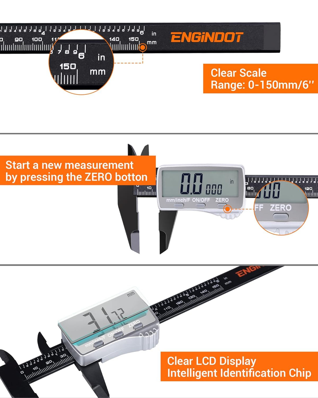 Digital Vernier Caliper 150 mm with large LCD display Accuracy±0.2mm / Micrometer / Caliper / Length Measurement Depth Caliper - DC01