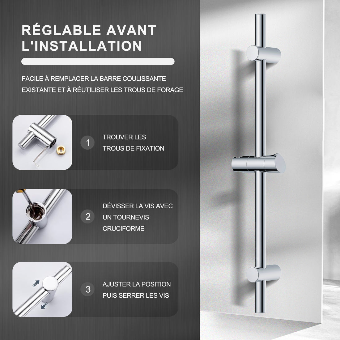 Barre de douche Chromé 70cm, Barre de douche en acier inoxydable avec Support de pommeau de douche pivotant à 360° et Fixations murales ajustables pour S'adapter aux trous de perçage existants
