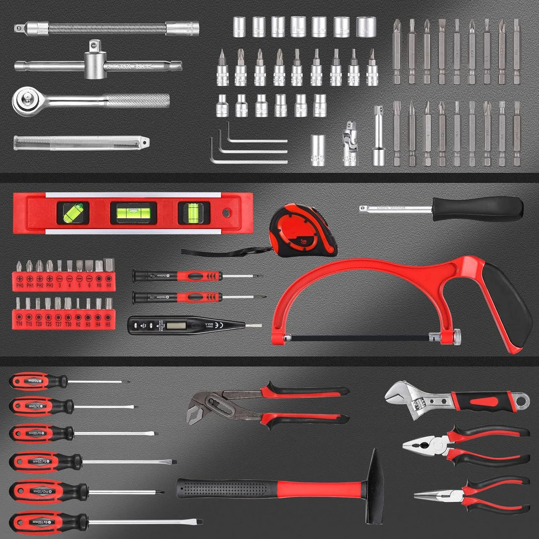 Tool Box, 89 Pieces Complete Tool Set, DIY Tools, Precision Screwdriver Set, Hammer, Pliers, Alloy Saw, Metric Tape - MTH200