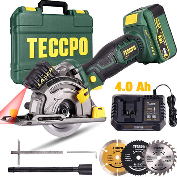 TECCPO Cordless Circular Saw, 18V 4.0Ah Battery, 4.0A Fast Charger, Laser Guide, Carrying Box, Speed ​​3,100 RPM, 3 Blades Ø 89mm, Suitable for Cutting Wood, Metal, Tiles - TDMS23P