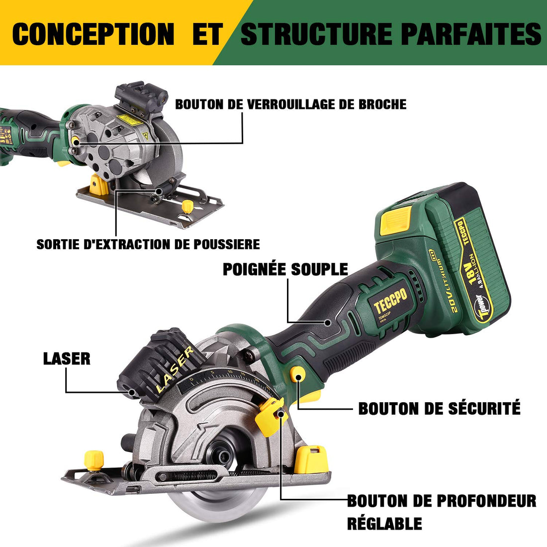 TECCPO Cordless Circular Saw, 18V 4.0Ah Battery, 4.0A Fast Charger, Laser Guide, Carrying Box, Speed ​​3,100 RPM, 3 Blades Ø 89mm, Suitable for Cutting Wood, Metal, Tiles - TDMS23P