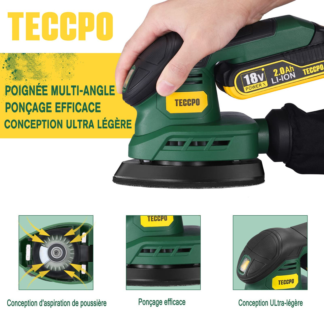 TECCPO Cordless Orbital Sander, 18V Sander with 12 Pieces Sandpapers, 2.0 Ah Battery with Fast Charger, 12,000 OPM with Efficient Dust Collection System - PMDS01D